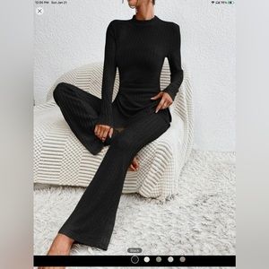 SHEIN Essnce Mock Neck Split Hem Tee & Flare Leg Pants